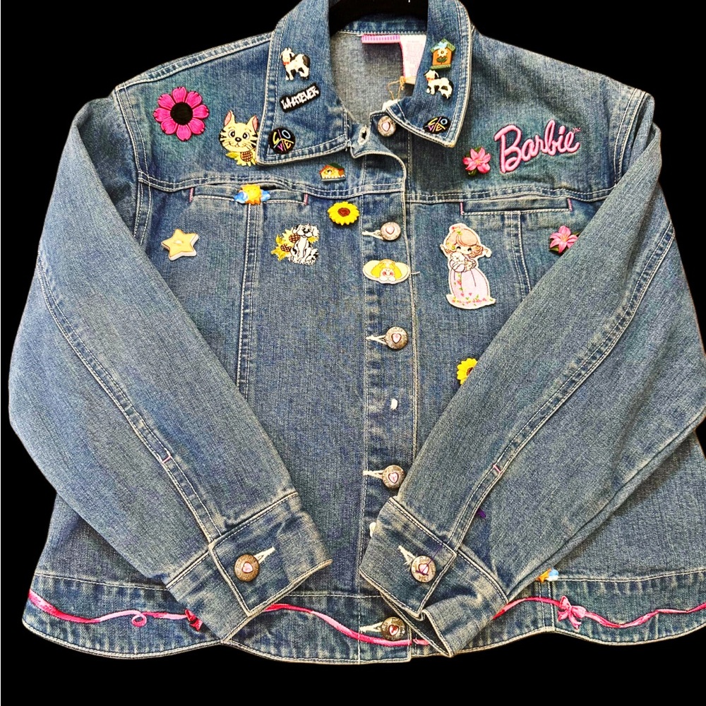 Vintage Barbie Kids Blue Denim Jacket, size 12 Pins & Patches